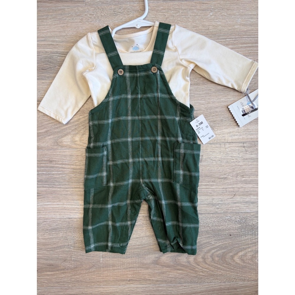 Cloud Island Baby Boys Green Plaid Overalls and l/s shirt 2pc Set 0-3M NWT